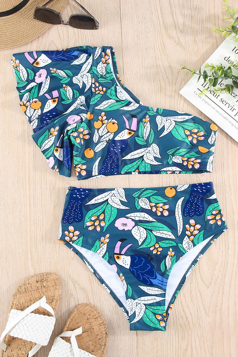Green Floral Print Ruffled Single Shoulder High Waisted Swimsuit