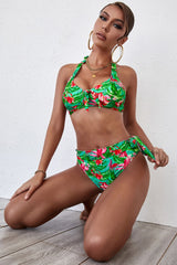 Multicolor Floral Print Halter Neck Tie Side Bikini Set