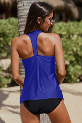 Blue Retro Print Halter T Back Handkerchief Tankini