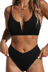 Black Solid Color Slit V Neck High Cut 2 Piece Bikini Set
