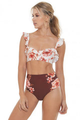 Red Floral High Waist Ruffle Underwire Bikini Swimsuit