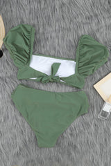 Green Sexy Bubble Sleeves High Waisted Swimsuit