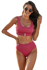 Rose Textured Buckle Front Top With High Waist Bikini