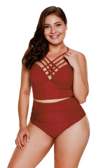 Red Strappy Neck Detail High Waist Swimsuit