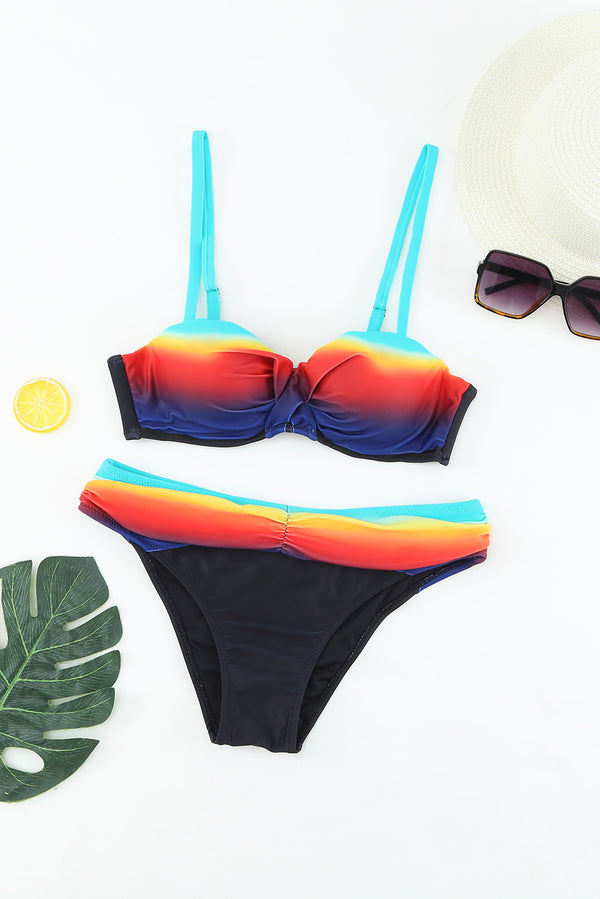 Multicolor Tie-dye Padded Gather Push-up Bikini Set