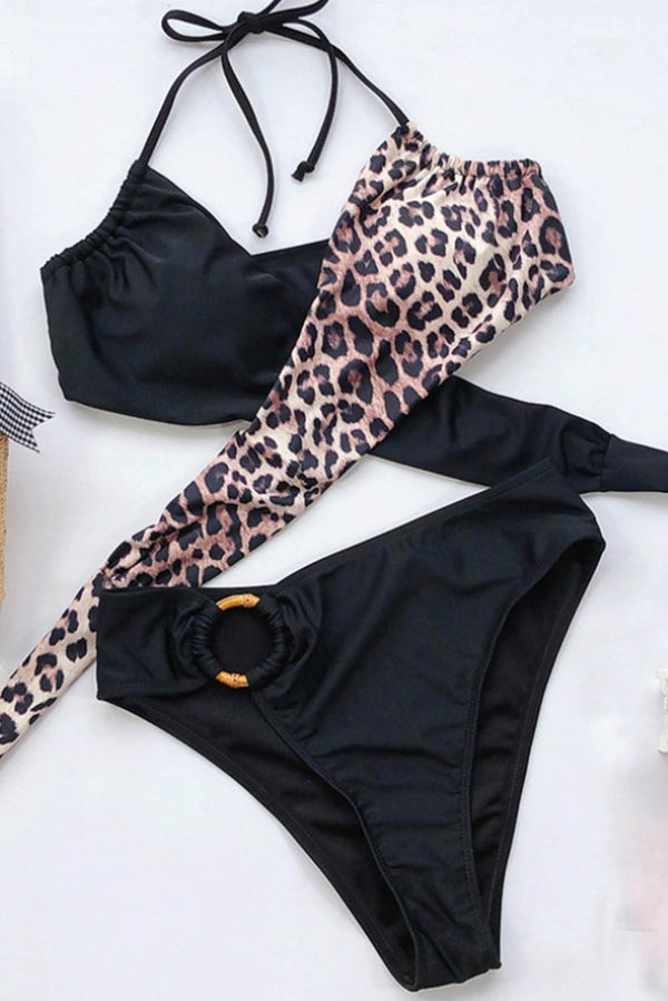 Leopard Colorblock Adjustable Spaghetti Bikini
