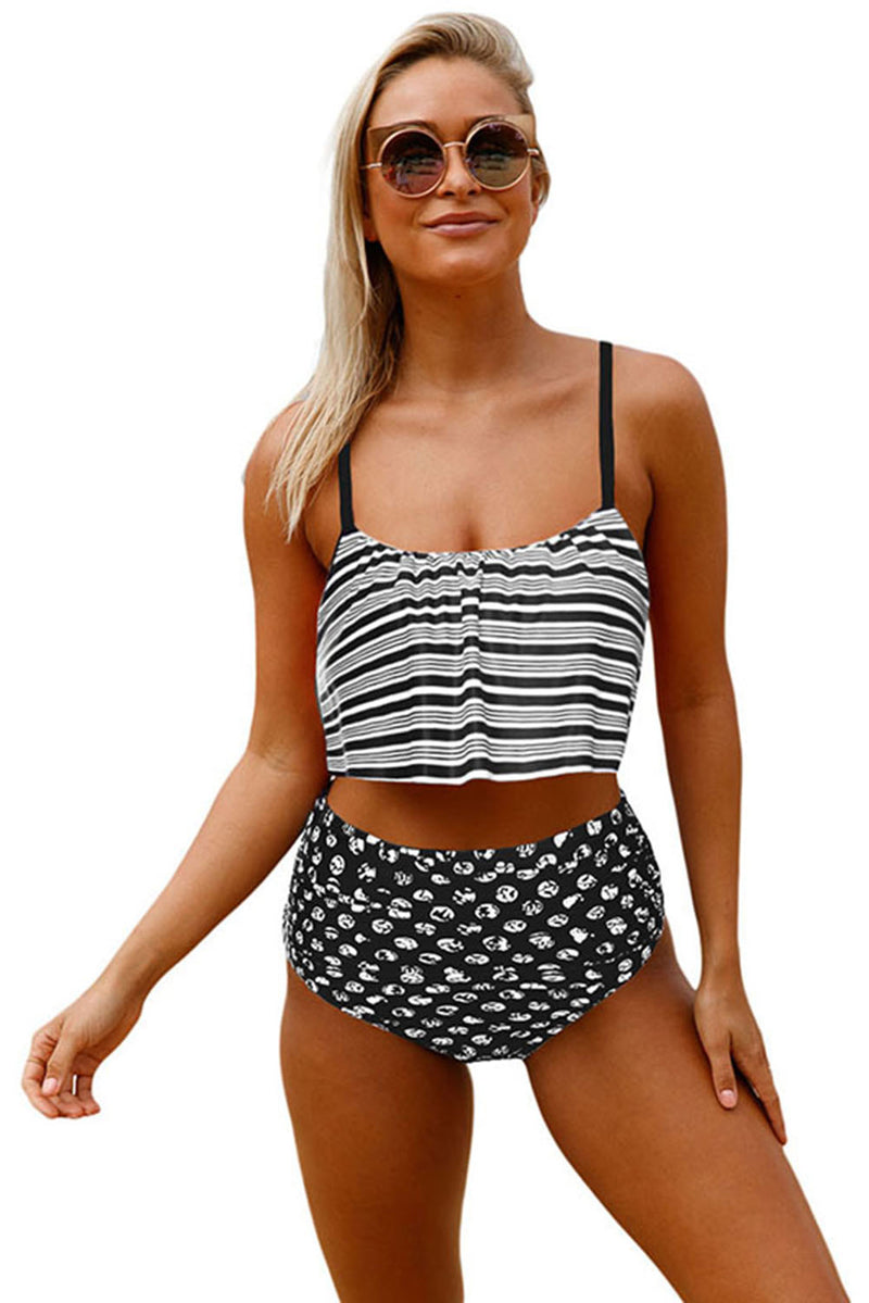 Glowing Top and Striped Bottom High Waist Swimwear