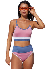 Pink Spaghetti Straps Colorblock Ribbed High Waisted Swimsuit