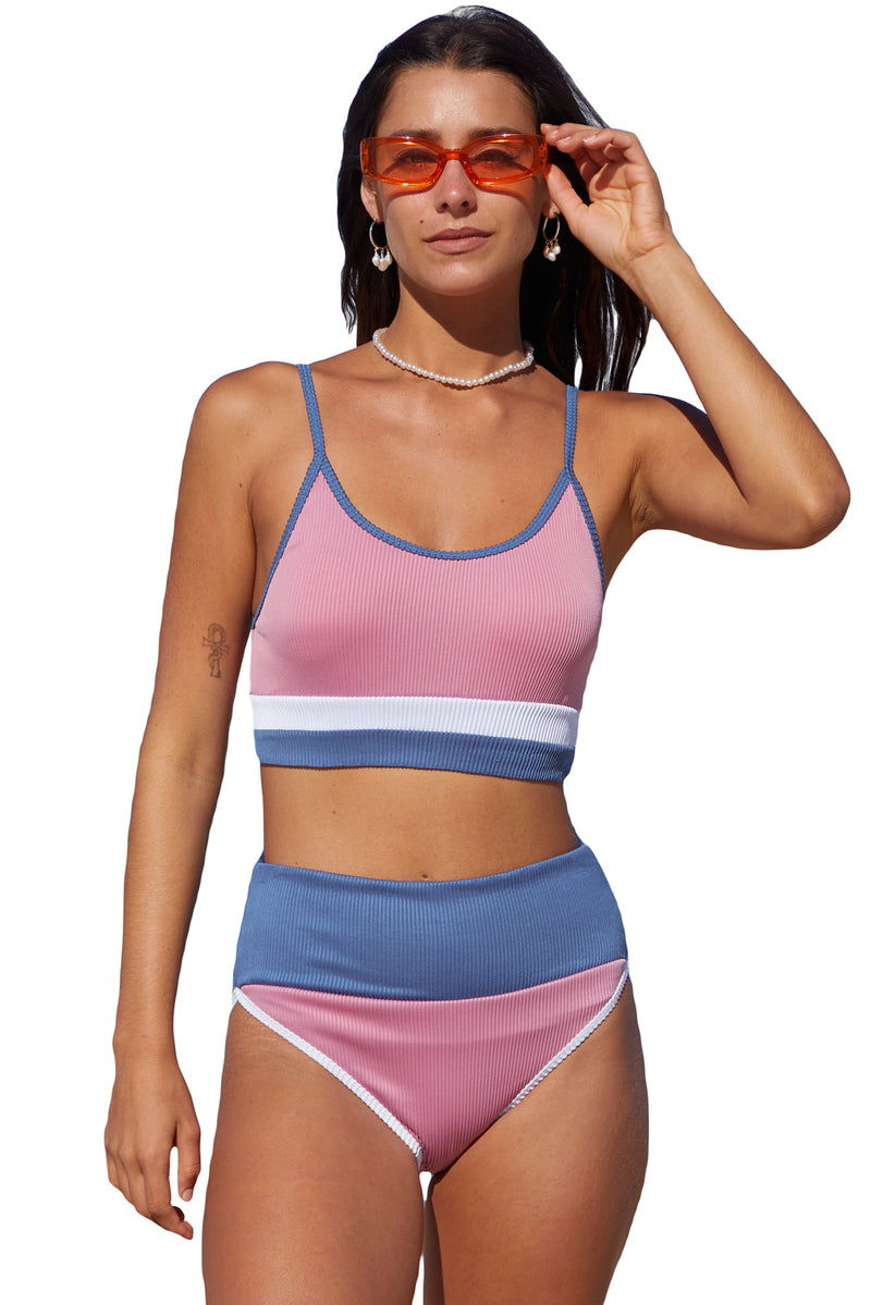 Pink Spaghetti Straps Colorblock Ribbed High Waisted Swimsuit