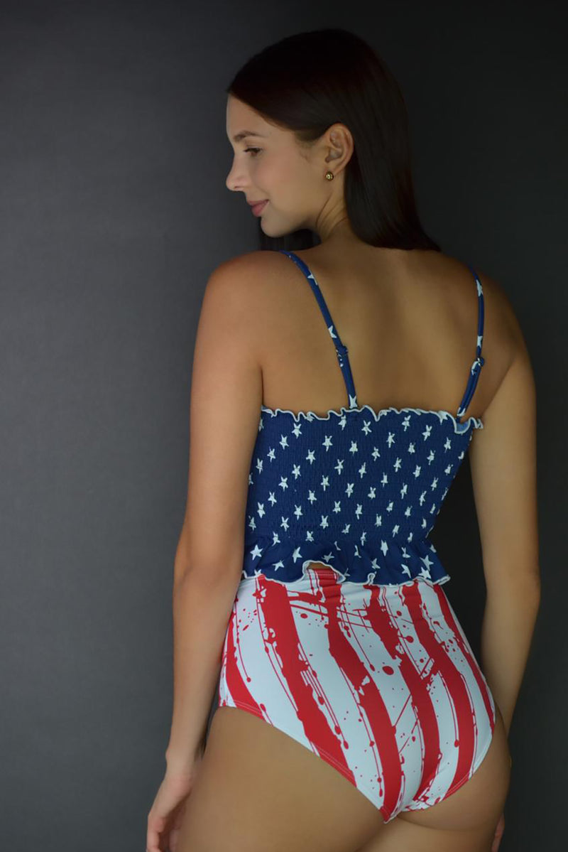 Flag Print High Waist Printed Smocked Bikini
