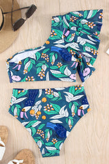 Green Floral Print Ruffled Single Shoulder High Waisted Swimsuit