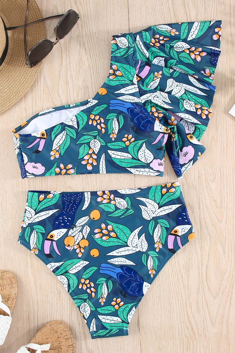 Green Floral Print Ruffled Single Shoulder High Waisted Swimsuit