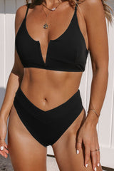 Black Solid Color Slit V Neck High Cut 2 Piece Bikini Set
