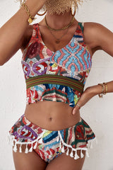 Multicolor Graphic Print Tassel Ruffle Bikini Swimsuit