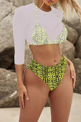 Yellow Three-piece Triangle Bikini with 3/4 Sleeve Crop Top