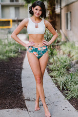 Green 2pcs Floral Print Hollow Out High Waisted Swimsuit