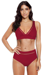 Red V Neck Hollow Out High Waist Bikini
