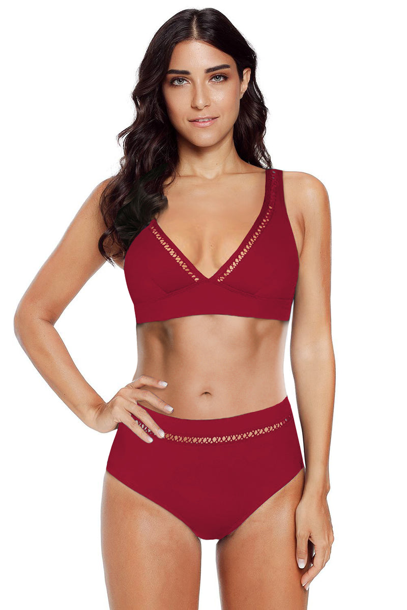 Red V Neck Hollow Out High Waist Bikini