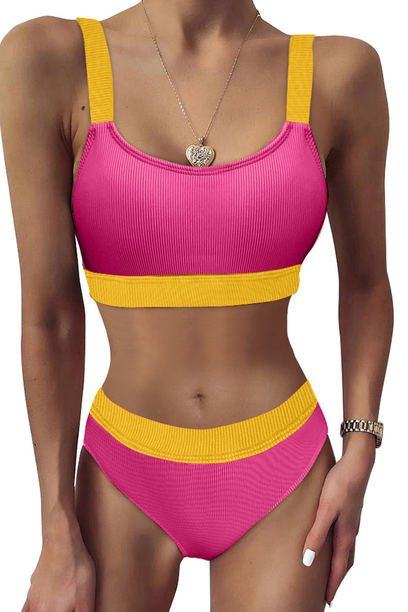 Rose Color Block Ribbed Bikini Swimwear