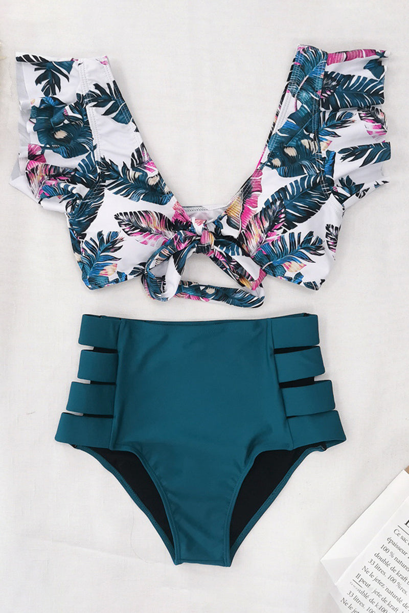 Green Palm Leaf Print Front Tie High Waist Bikini Swimsuit with Ruffles
