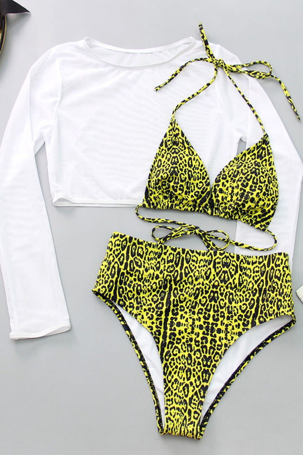 Yellow Three-piece Triangle Bikini with 3/4 Sleeve Crop Top