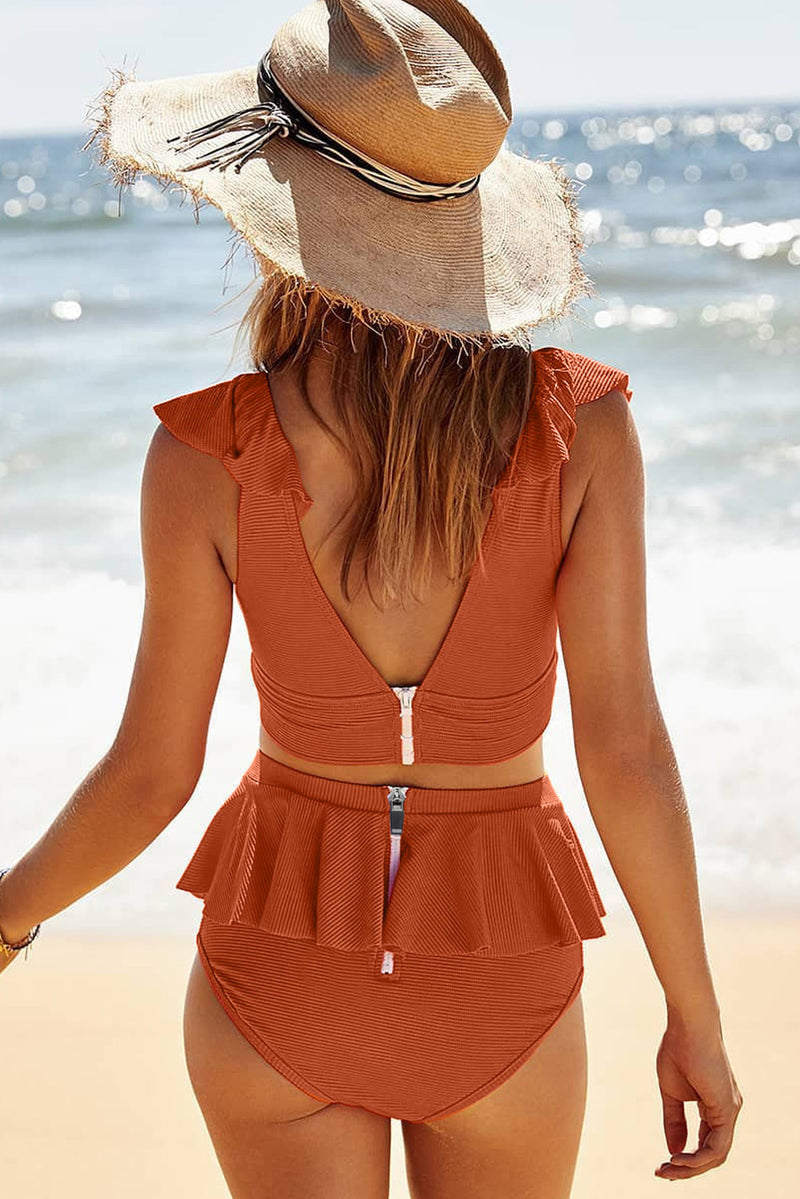 Orange Open Back Ruched Halter Top Shorts Tankini Set
