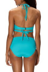 Turquoise Crisscross Ruched High Waisted Swimsuit