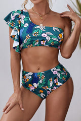 Green Floral Print Ruffled Single Shoulder High Waisted Swimsuit