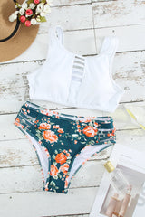 Green 2pcs Floral Print Hollow Out High Waisted Swimsuit