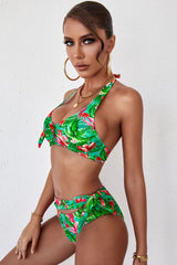 Multicolor Floral Print Halter Neck Tie Side Bikini Set