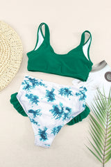 Green Sexy Solid Crisscross Top and Ruffled Tie Dye High Waisted Swimsuit