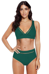 Green V Neck Hollow Out High Waisted Swimsuit