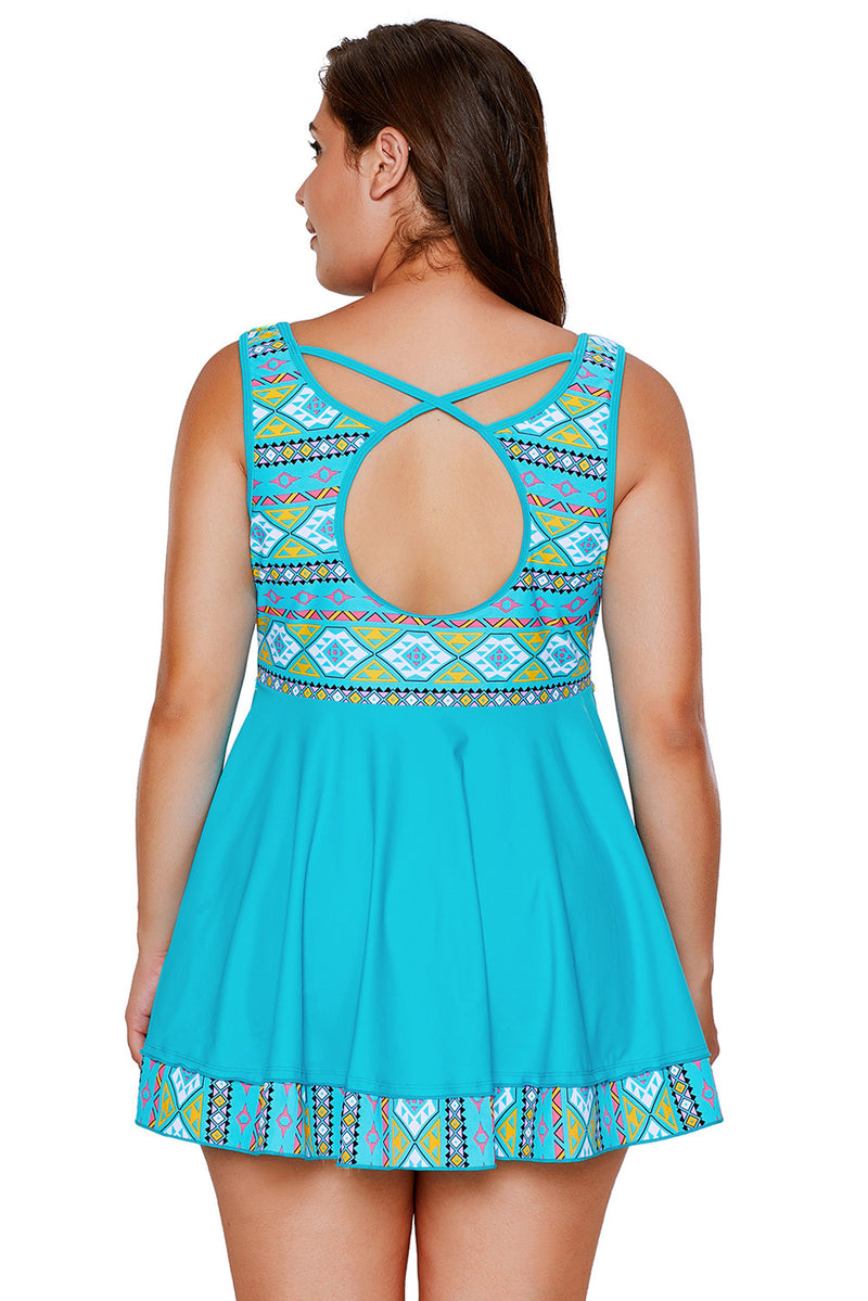 Blue Tribal Print Accent Swimdress and Short Set
