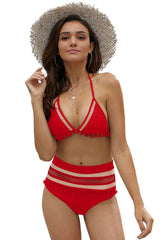 Red Pom Pom Mesh Insert High Waist Bikini