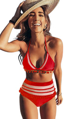 Red Pom Pom Mesh Insert High Waist Bikini