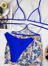 3pcs Self-tie Bikini Set with Floral Print Sarong