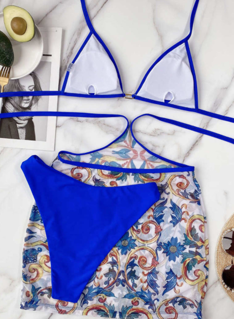 3pcs Self-tie Bikini Set with Floral Print Sarong