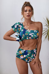 Green Floral Print Ruffled Single Shoulder High Waisted Swimsuit