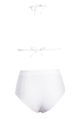 White Pom Pom Mesh Insert High Waisted Swimsuit