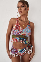 Multicolor Graphic Print Tassel Ruffle Bikini Swimsuit