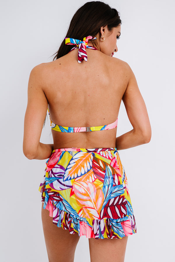 Multicolor Floral Print Halter Backless Bikini Swimsuit with Sarong