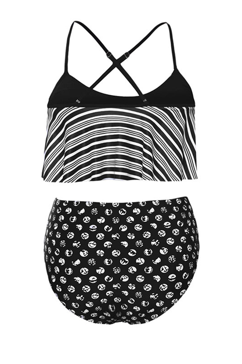 Glowing Top and Striped Bottom High Waist Swimwear