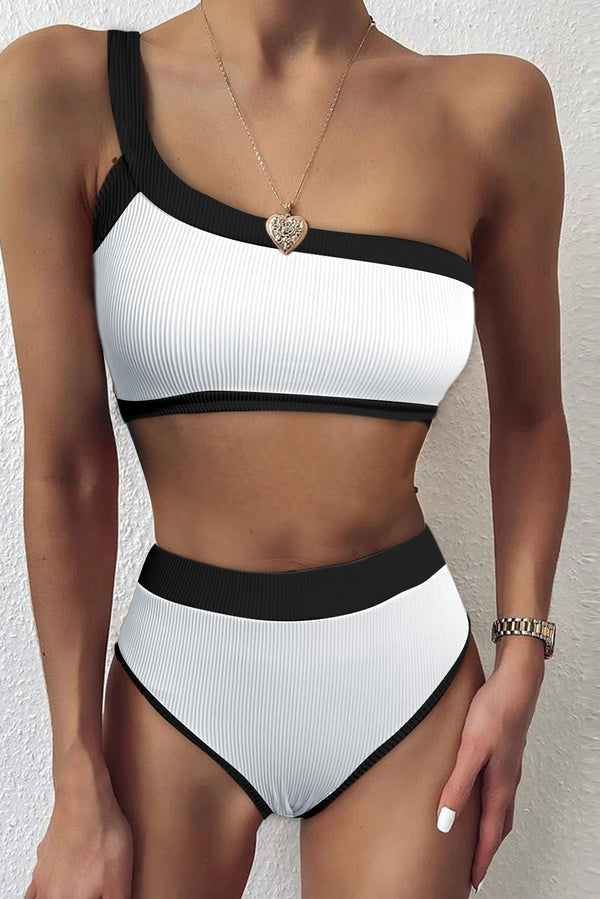 White One Shoulder Patchwork High-waisted Bikini Set