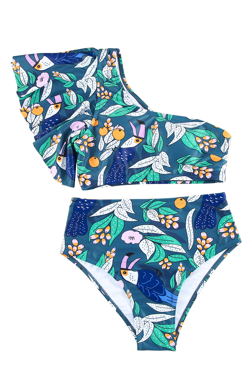 Green Floral Print Ruffled Single Shoulder High Waisted Swimsuit