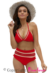 Red Pom Pom Mesh Insert High Waist Bikini