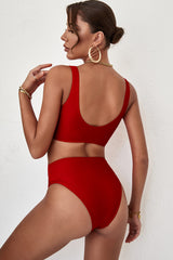 Red Plain Ribbed Texture Sexy Bikini Set