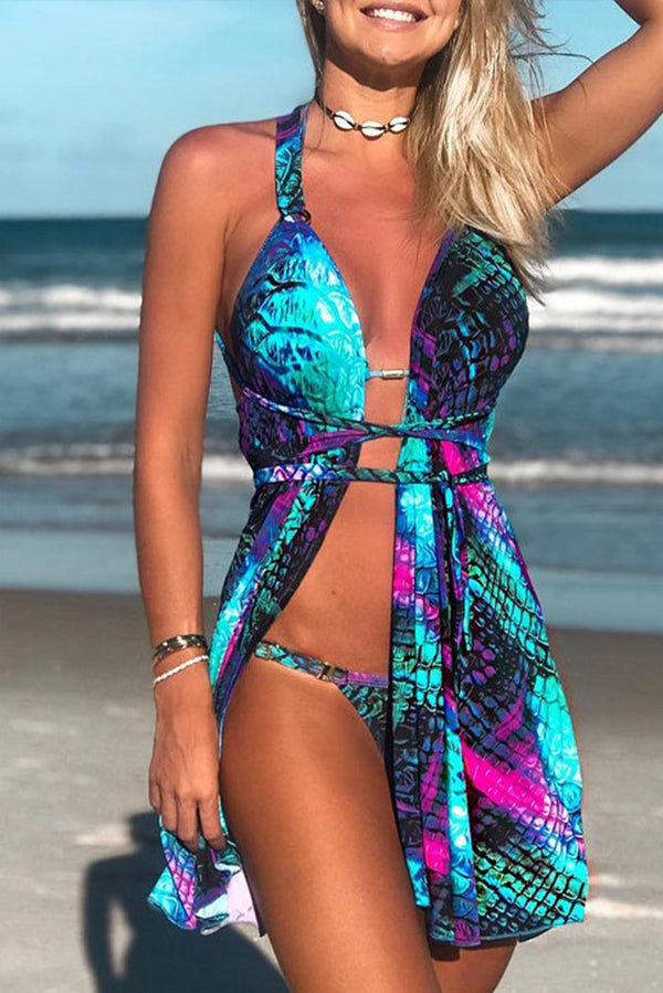 Blue Abstract Print 3pcs Swimsuit with Cover Up Stripe Print 3pcs Swimsuit with Cover Up