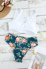 Green 2pcs Floral Print Hollow Out High Waisted Swimsuit