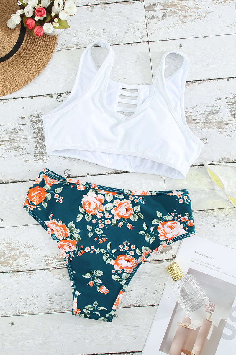 Green 2pcs Floral Print Hollow Out High Waisted Swimsuit