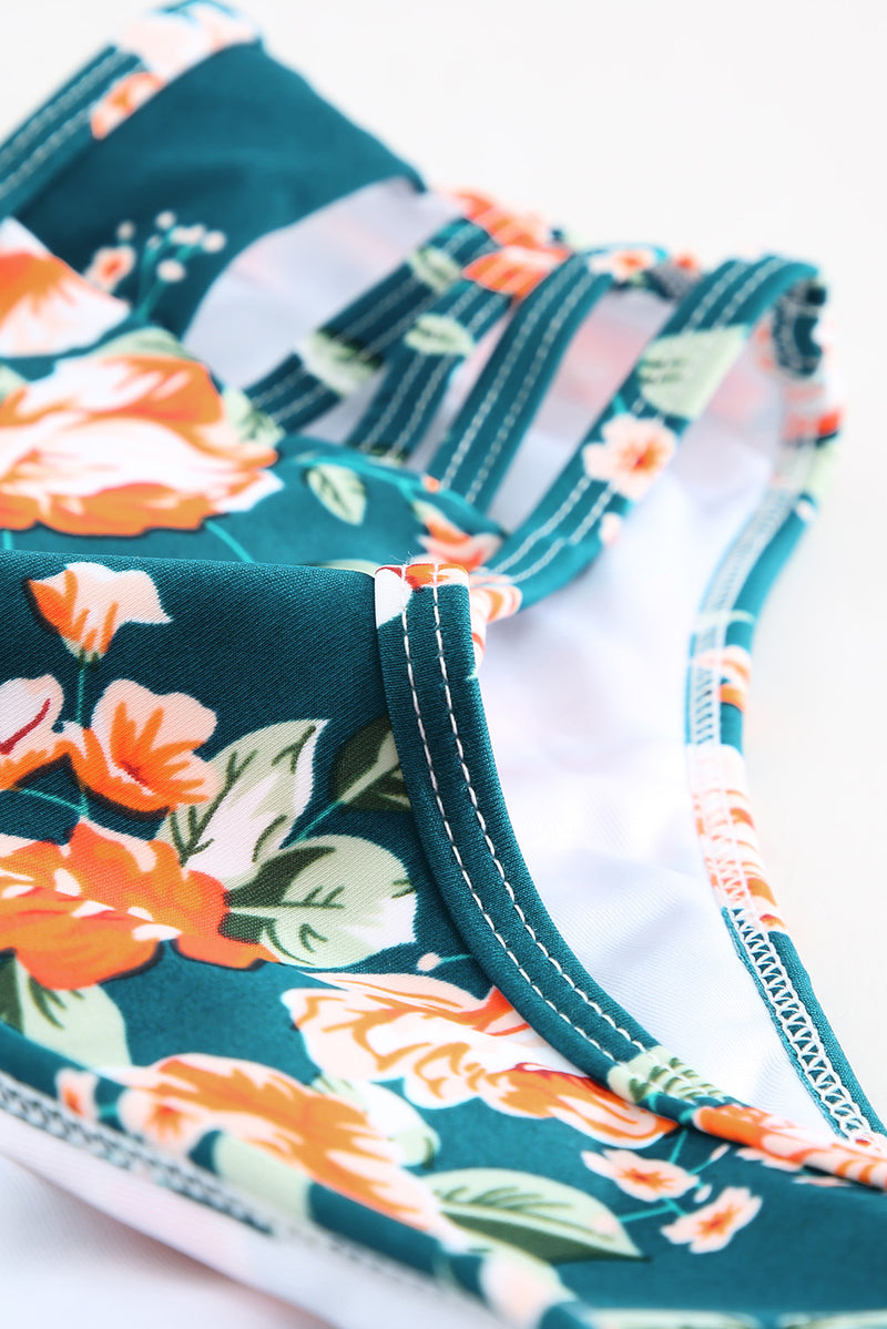 Green 2pcs Floral Print Hollow Out High Waisted Swimsuit